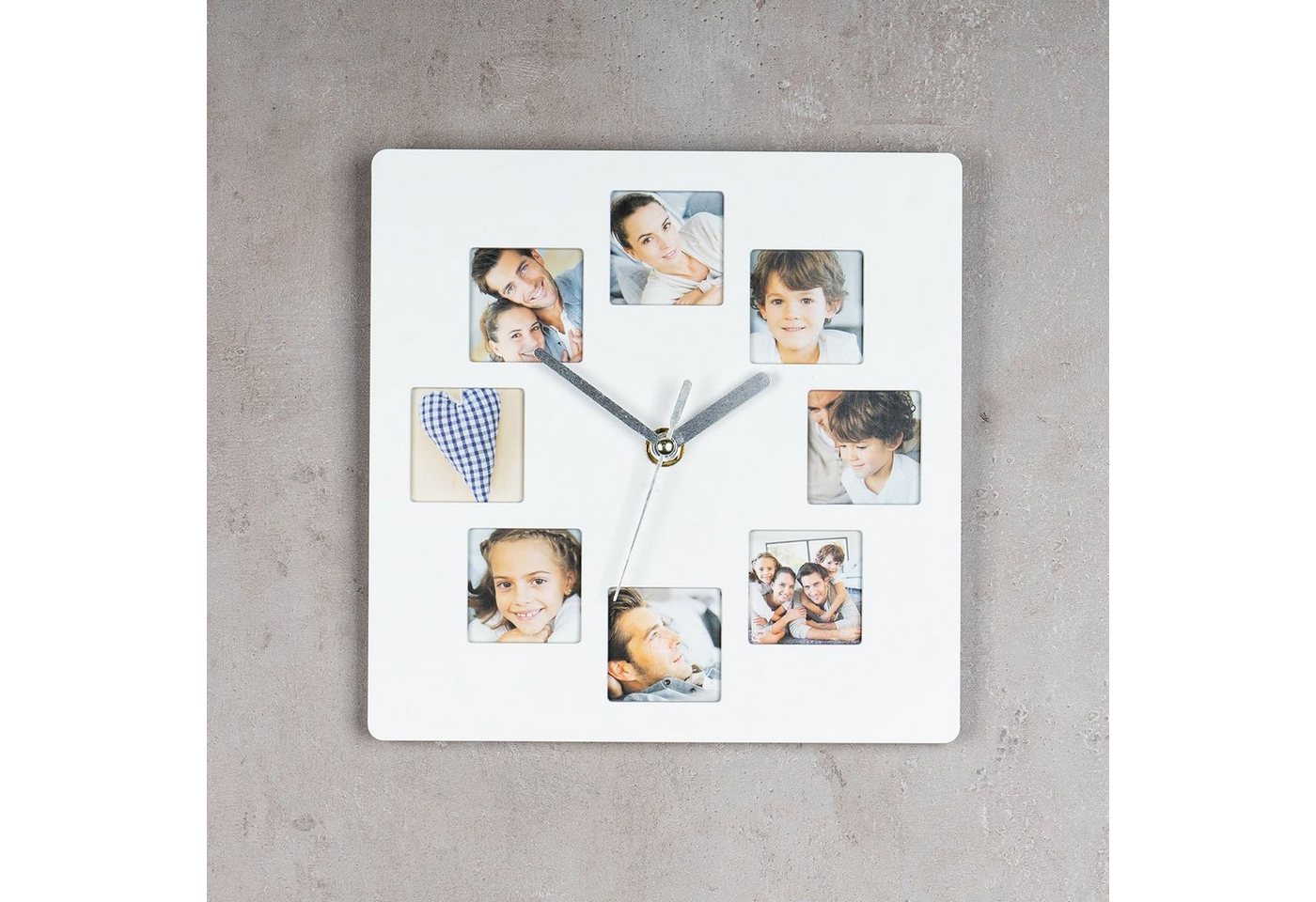Levandeo® Bilderrahmen Collage, Wanduhr Weiß 21x21cm Fotouhr 8 Fotos Bilder Bilderrahmen Fotorahmen