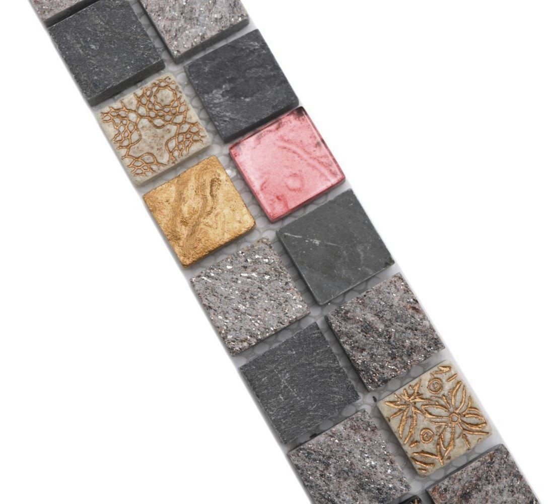 Mosani Fliesen-Bordüre Mosaik Borde Bordüre Glasmosaik Stein mix grauschwarzgold
