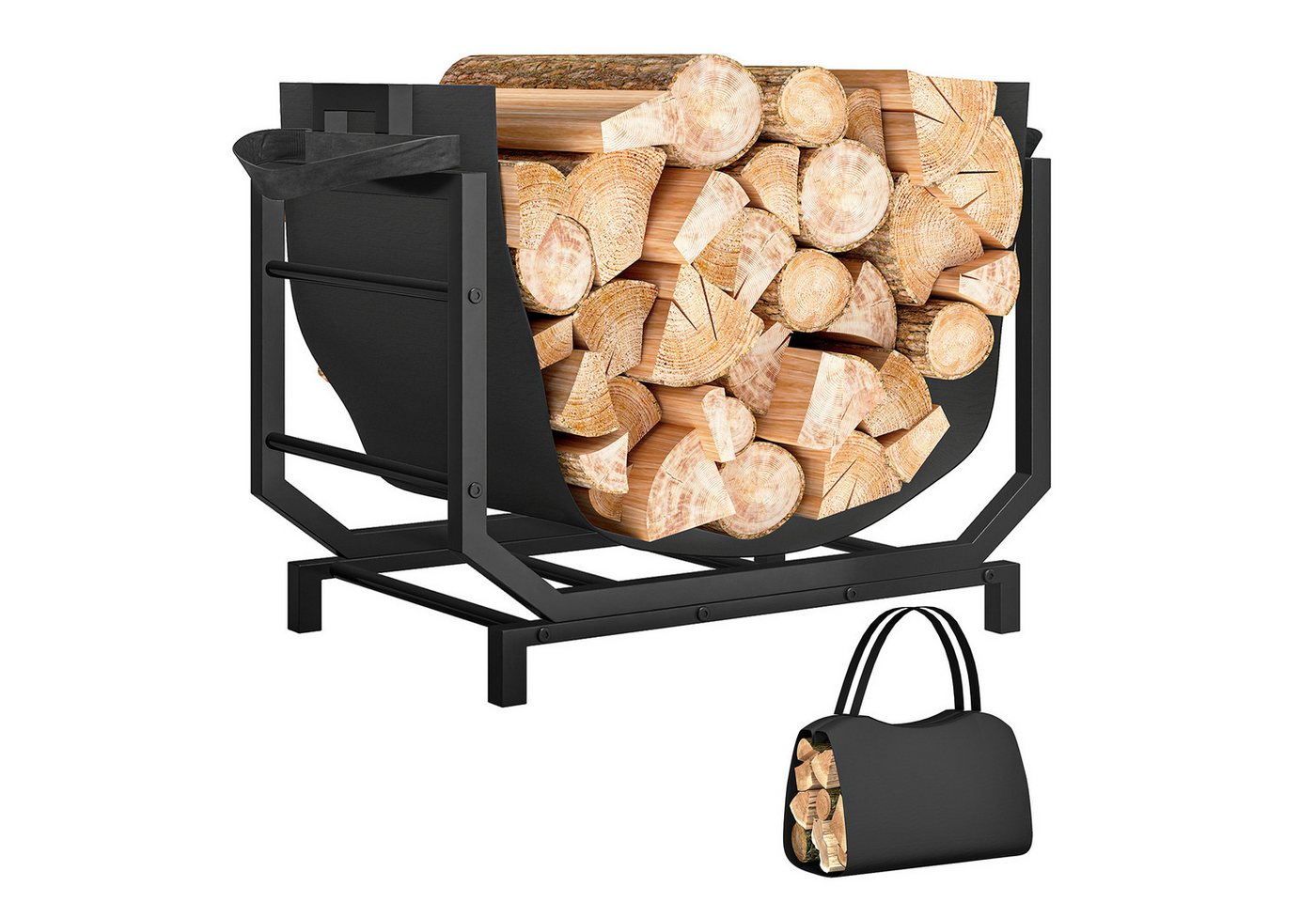 Outsunny Kaminholzregal erhöhtes Brennholzregal mit Tragetasche Kaminholzständer für innen, BxTxH:53x33x43 cm, (Feuerholzständer, 1-St., 50 kg belastbar), Metall, Schwarz
