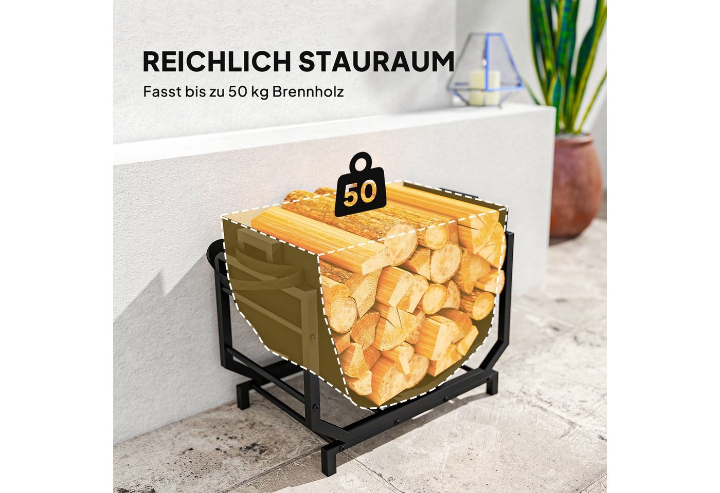 Outsunny Kaminholzregal erhöhtes Brennholzregal mit Tragetasche Kaminholzständer für innen, BxTxH:53x33x43 cm, (Feuerholzständer, 1-St., 50 kg belastbar), Metall, Schwarz Bild 2
