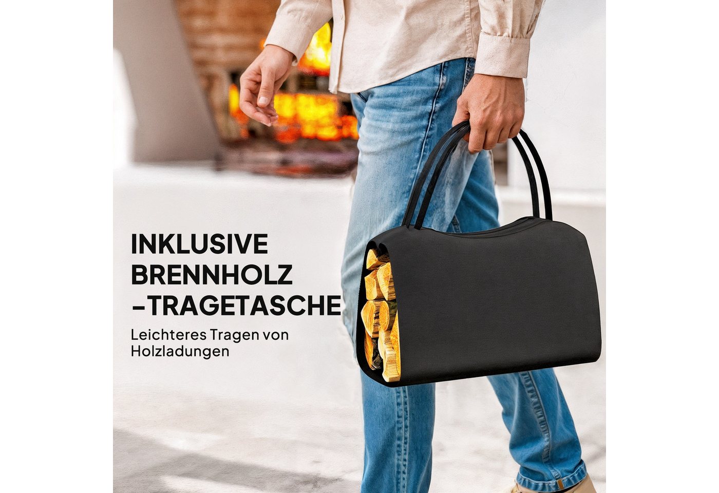 Outsunny Kaminholzregal erhöhtes Brennholzregal mit Tragetasche Kaminholzständer für innen, BxTxH:53x33x43 cm, (Feuerholzständer, 1-St., 50 kg belastbar), Metall, Schwarz Bild 3