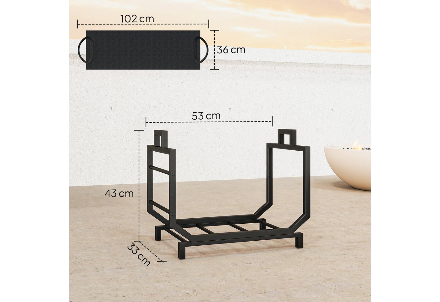 Outsunny Kaminholzregal erhöhtes Brennholzregal mit Tragetasche Kaminholzständer für innen, BxTxH:53x33x43 cm, (Feuerholzständer, 1-St., 50 kg belastbar), Metall, Schwarz Bild 4