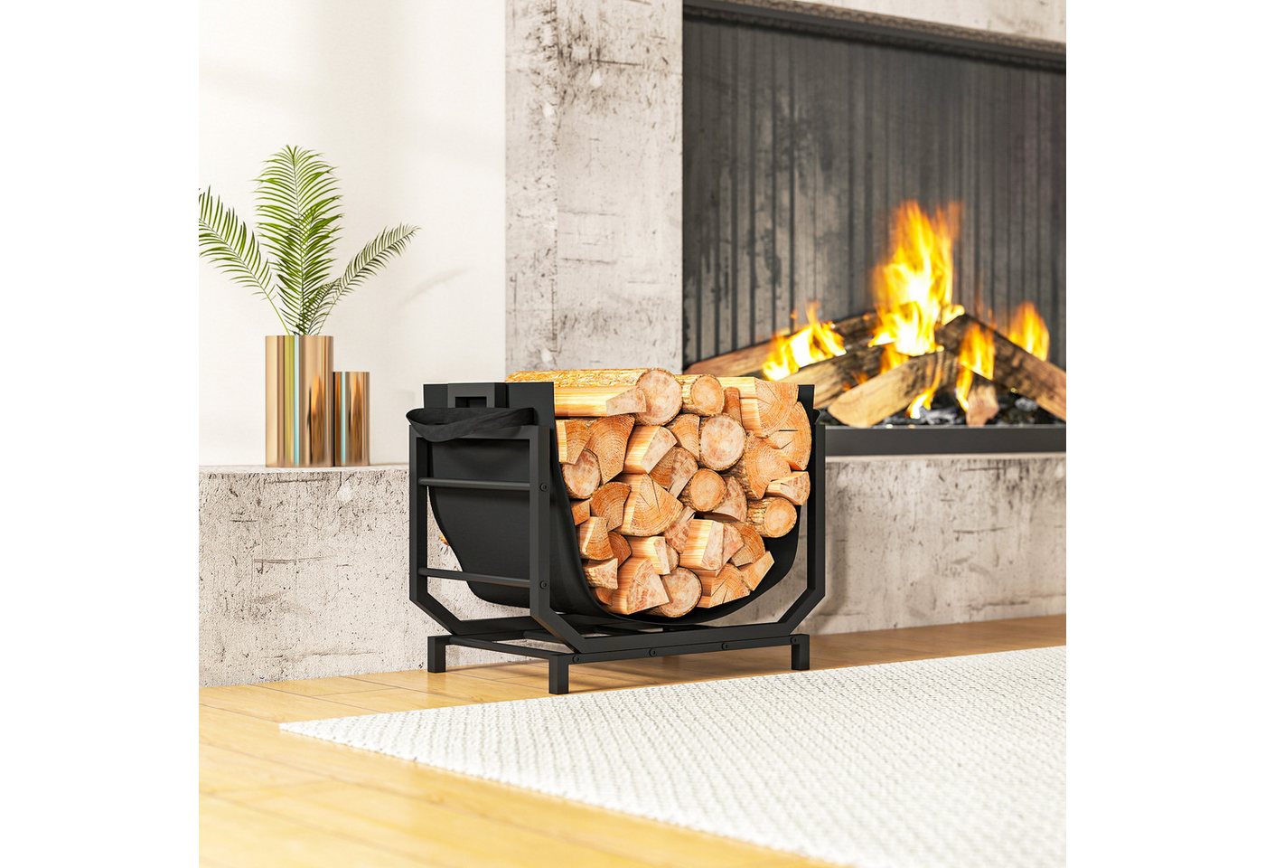 Outsunny Kaminholzregal erhöhtes Brennholzregal mit Tragetasche Kaminholzständer für innen, BxTxH:53x33x43 cm, (Feuerholzständer, 1-St., 50 kg belastbar), Metall, Schwarz Bild 5