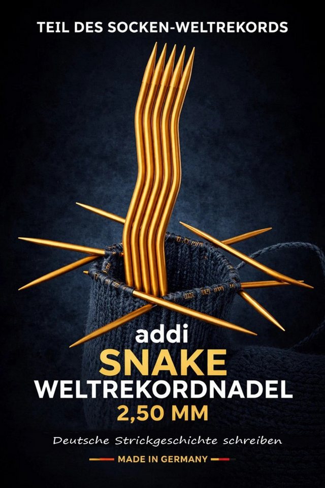 addi Strumpfstricknadeln addiCraSy Snake Lace Nadelspiel Weltrekordnadel 15 cm 2,5 mm, Charity-Edition zum Socken-Weltrekordversuch, orange eloxiert, ergonomische Wellenform, limitiert, 10 Jahre Garantie Bild 3