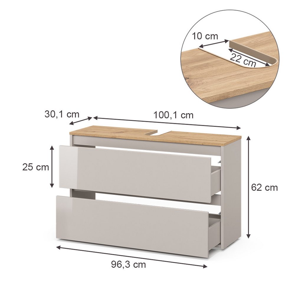 Vicco Waschbeckenunterschrank Majest, Cashmere/Artisan-Eiche, 100.1 x 62 cm mit 2 Schubladen (1-St)