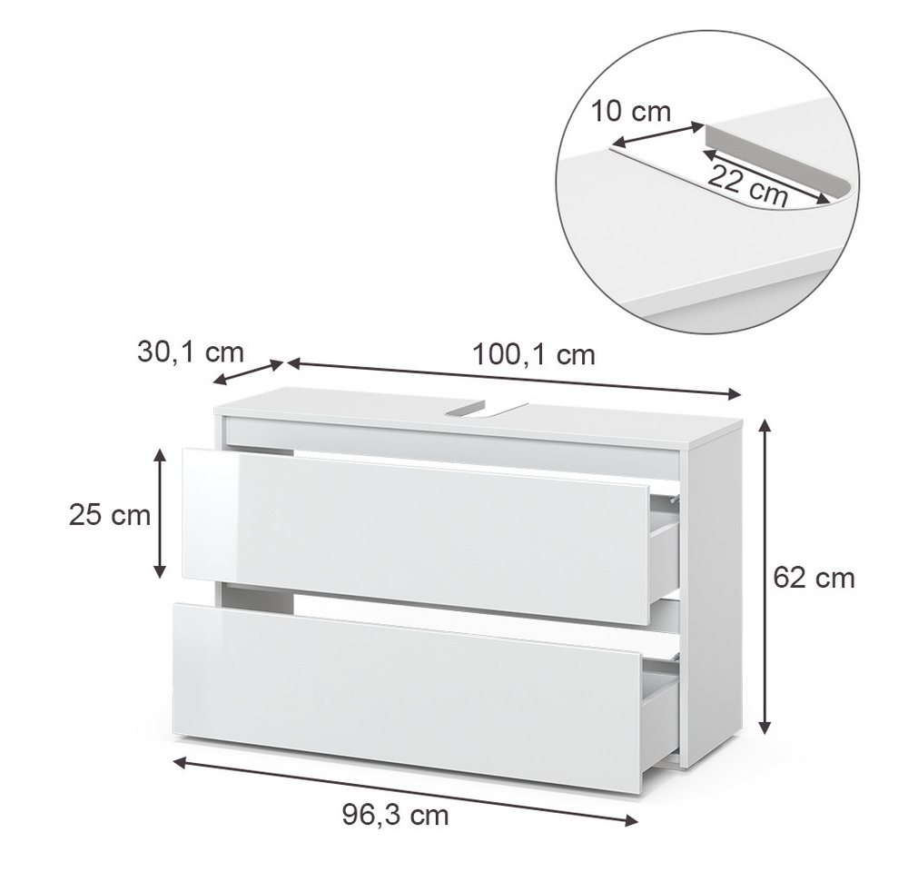 Vicco Waschbeckenunterschrank Majest, Weiß/Weiß Hochglanz, 100.1 x 62 cm mit 2 Schubladen Bild 5