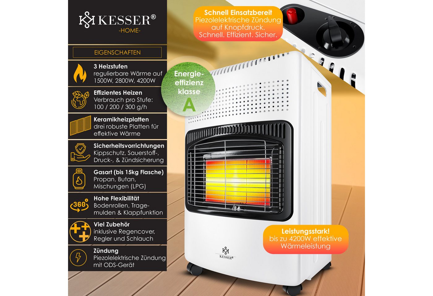 KESSER Heizstrahler, 4200 W, 4200W Keramik Gasheizer Heizstrahler inkl. Gasdruckregler Gasschlauch Bild 2