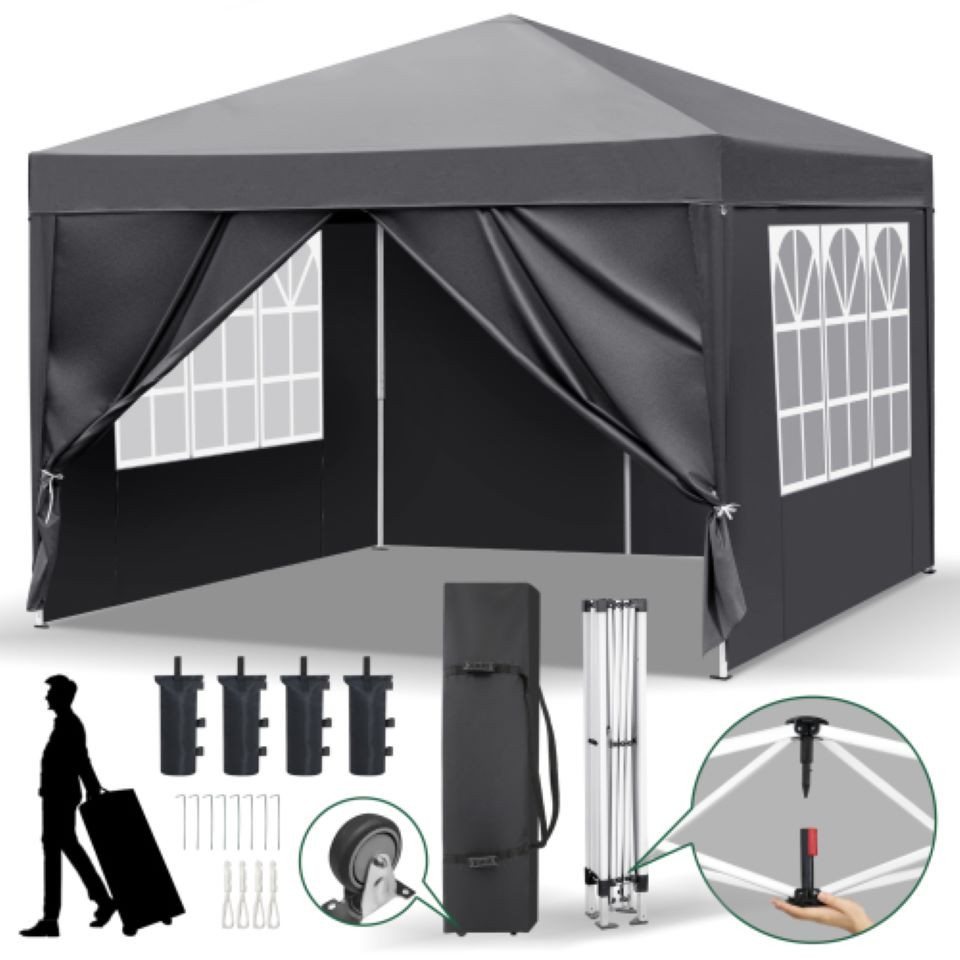 VINGLI Faltpavillon 3 x 3m, Stabil, UV-Schutz, Wasserdicht, Ein-Knopf-Verrieglungssystem