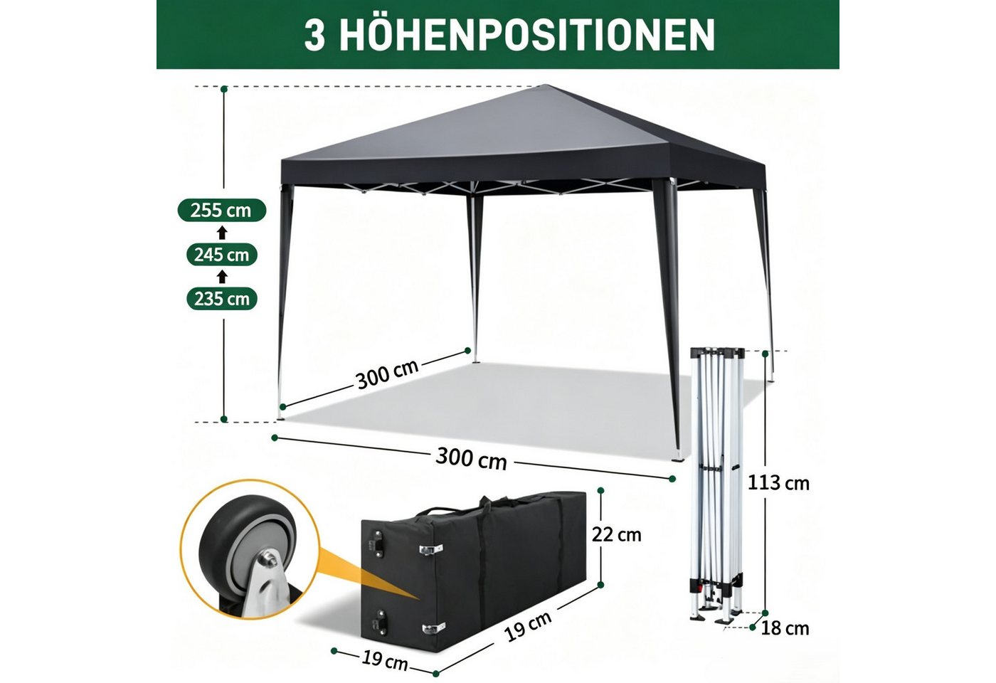 VINGLI Faltpavillon 3 x 3m, Stabil, UV-Schutz, Wasserdicht, Ein-Knopf-Verrieglungssystem Bild 4