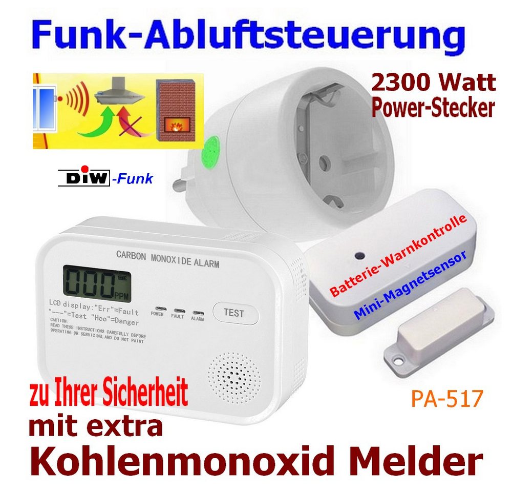 DIW-Funk Funk-Empfangsmodul PA-517 Abluftsteuerung+Funkstecker+Fensterkontakt +extra CO-Warnmelder, für Dunstabzugshauben, Abluftventilatoren oder Ablufttrocknern in Kombination mit einer raumluftabhängigen Feuerstätte (z. B. Kamin, Gastherme), Sparset, CO-Warnmelder, Funk Bild 4
