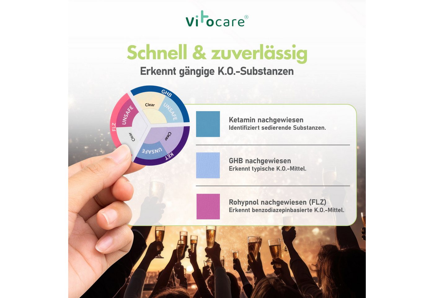 Vitocare Trinkwassertest KO Tropfen Test Drink-Sticker, Ketamin & GHB Schnelltest, 5 Stk.