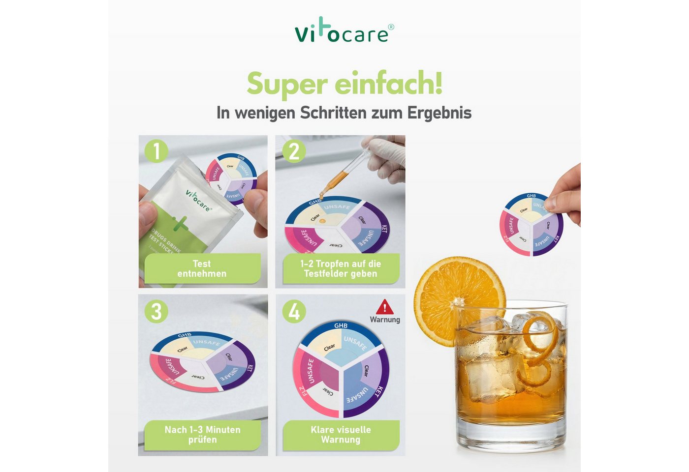 Vitocare Trinkwassertest KO Tropfen Test Drink-Sticker, Ketamin & GHB Schnelltest, 5 Stk. Bild 3