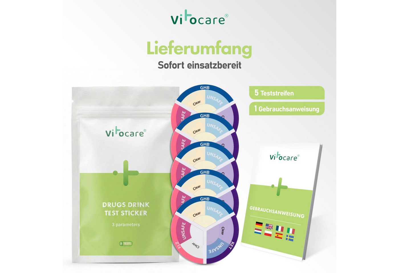 Vitocare Trinkwassertest KO Tropfen Test Drink-Sticker, Ketamin & GHB Schnelltest, 5 Stk. Bild 4