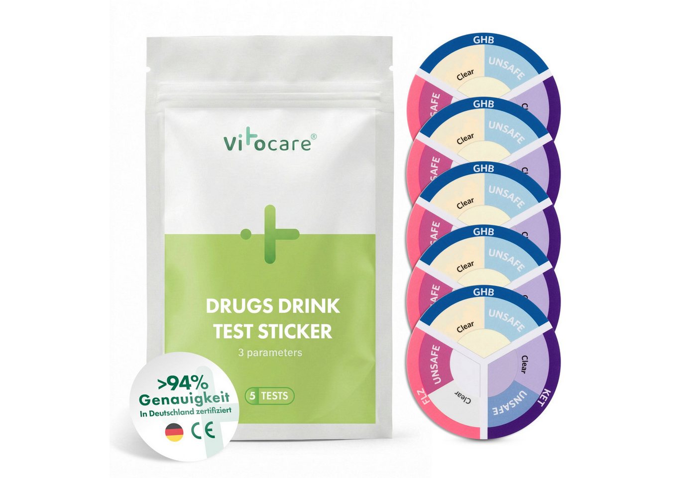 Vitocare Trinkwassertest KO Tropfen Test Drink-Sticker, Ketamin & GHB Schnelltest, 5 Stk. Bild 5