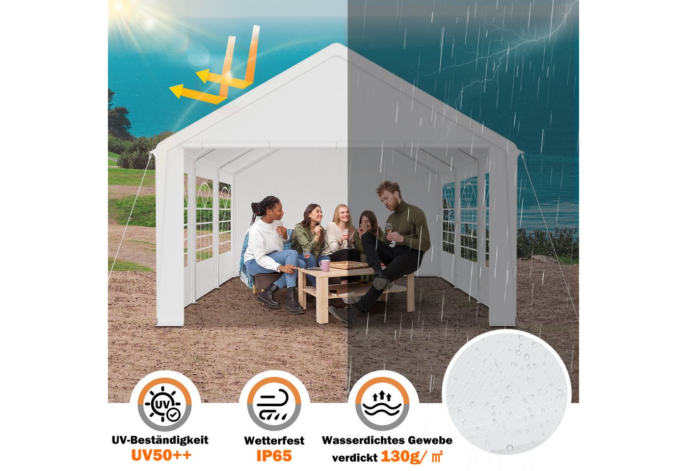 FIVMEN Pavillon Partyzelt 4x6m mit Verzinktem Stahlgestänge Gartenpavillon, 6 Abnehmbare Seitenwände mit Garten Hochzeit