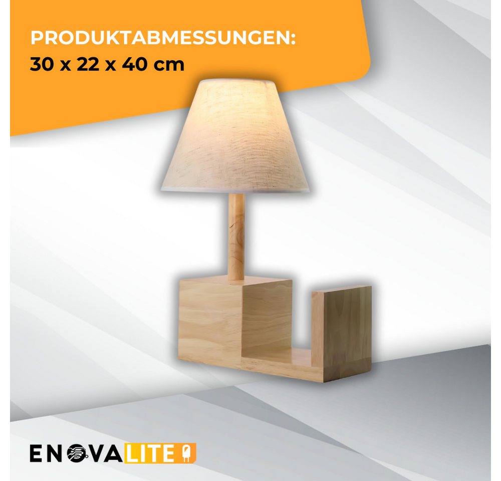 ENOVALITE LED Tischleuchte Tischleuchte aus Holz mit praktische Bücherablage und Stoffschirm