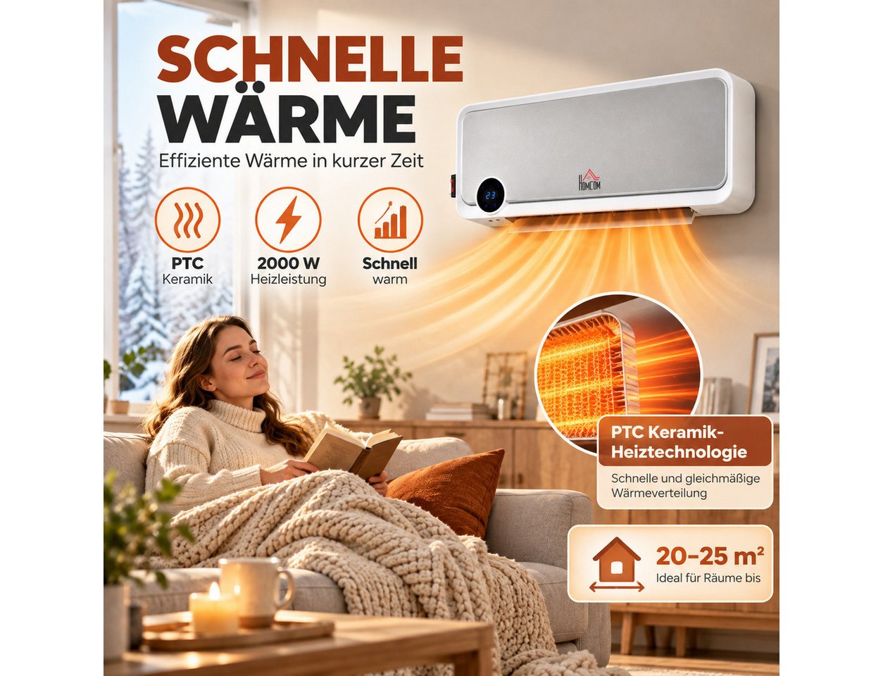 MIBODE Heizlüfter Heizlüfter Wandmontage 2000W mit Fernbedienung LED-Display 12h Timer, platzsparende Wandmontage, 30° Oszillation, Fernbedienung bis 5 m