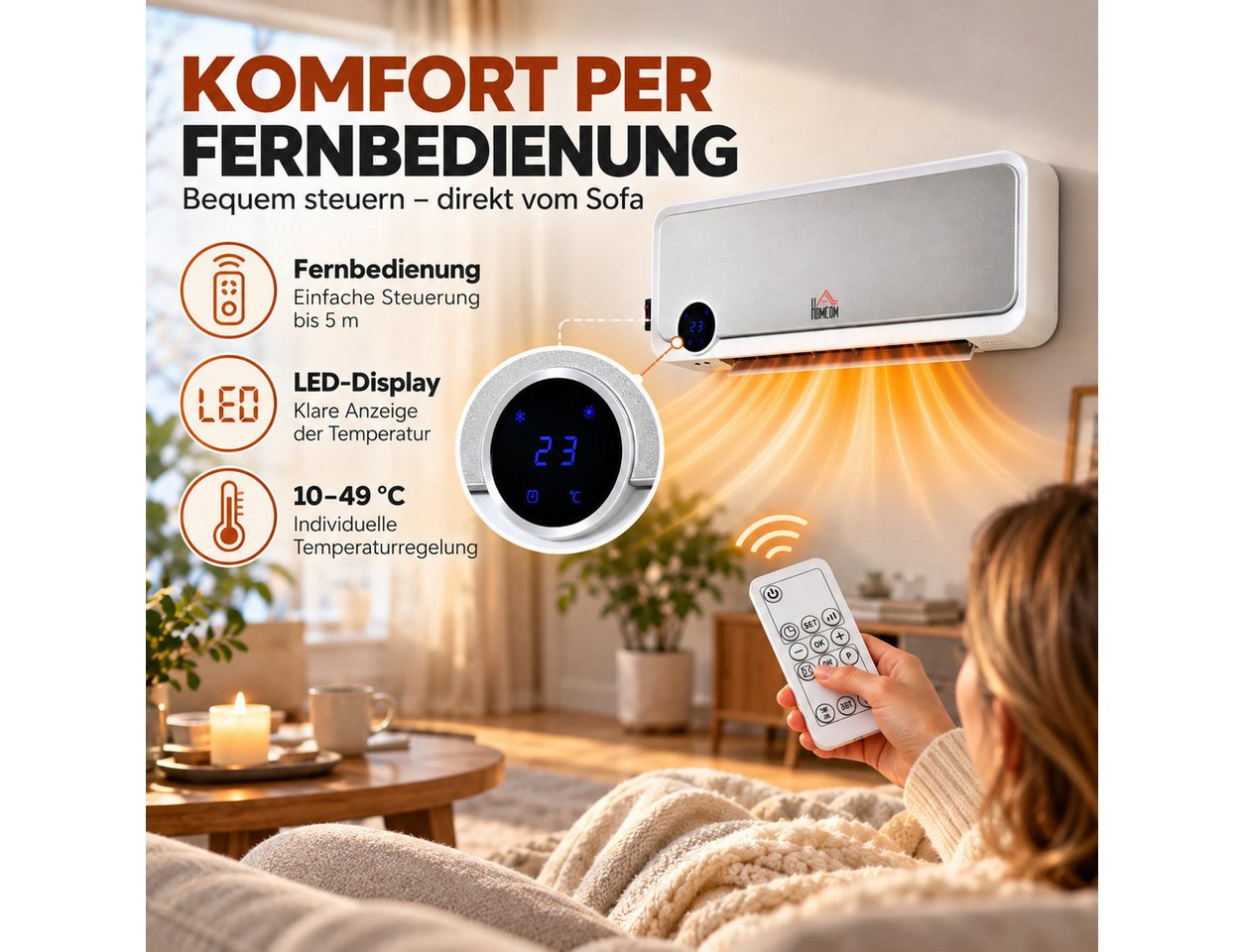 MIBODE Heizlüfter Heizlüfter Wandmontage 2000W mit Fernbedienung LED-Display 12h Timer, platzsparende Wandmontage, 30° Oszillation, Fernbedienung bis 5 m Bild 3