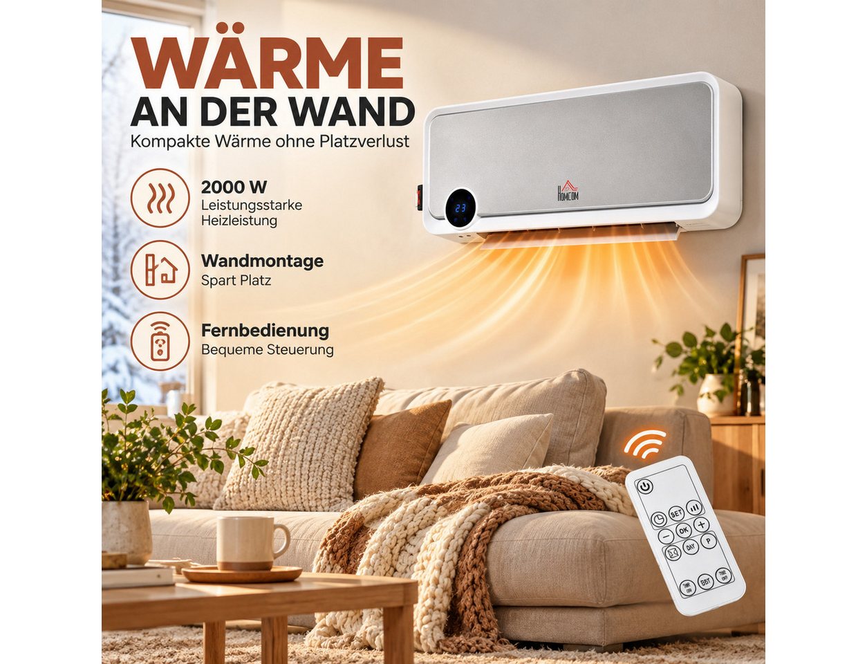MIBODE Heizlüfter Heizlüfter Wandmontage 2000W mit Fernbedienung LED-Display 12h Timer, platzsparende Wandmontage, 30° Oszillation, Fernbedienung bis 5 m Bild 4