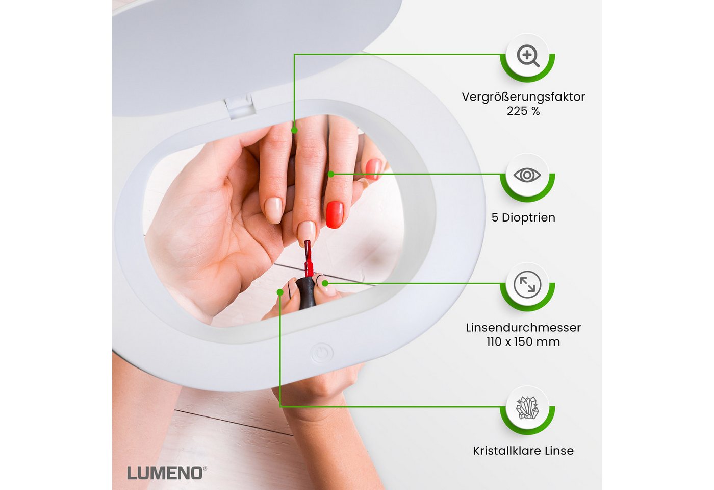 Lumeno Lupenlampe 861XGR Lupenleuchte Lupenlampe mit ovaler Echtglaslinse kristallklar, LED fest integriert, Kaltweiß, 6500 K Bild 2