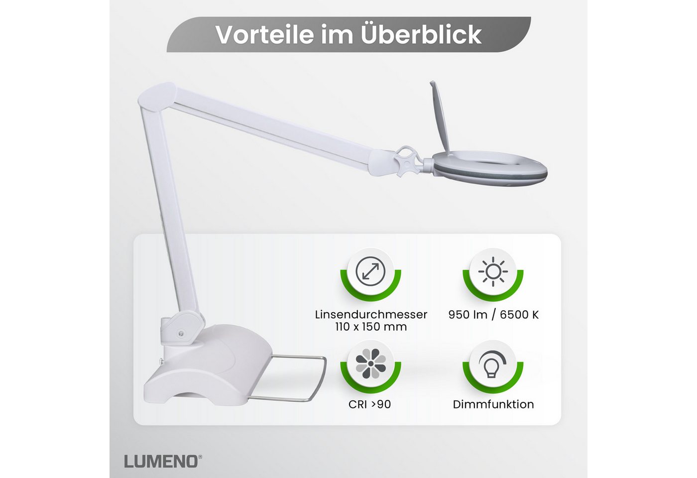 Lumeno Lupenlampe 861XGR Lupenleuchte Lupenlampe mit ovaler Echtglaslinse kristallklar, LED fest integriert, Kaltweiß, 6500 K Bild 3