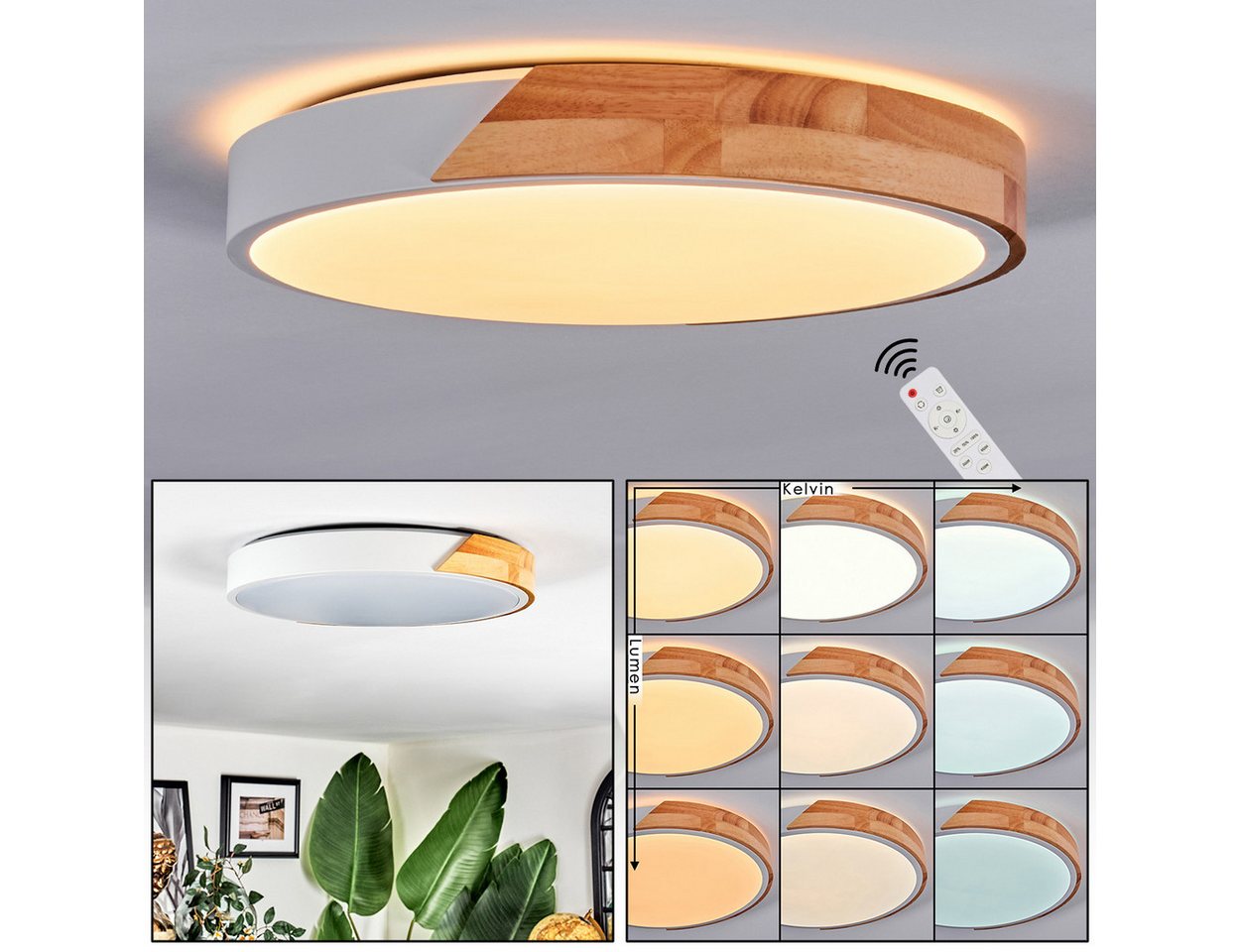 hofstein Deckenleuchte Deckenlampe aus Metall/Holz/Kunststoff in Naturfarben/Weiß, ohne Leuchtmittel, moderne Deckenleuchte (39 cm), CCT einstellbar, mit Fernbedienung Bild 3