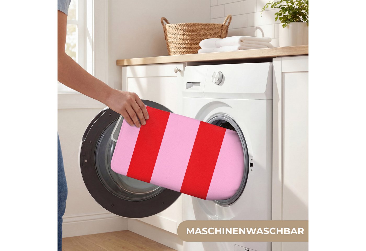 OnlyWow Badematte Streifen - Klassisch - Rosa, Höhe 10 mm, Polyester, Rechteckig, Badezimmerteppich, Badteppich, Rutschfest, Badvorleger, Waschbar Bild 5