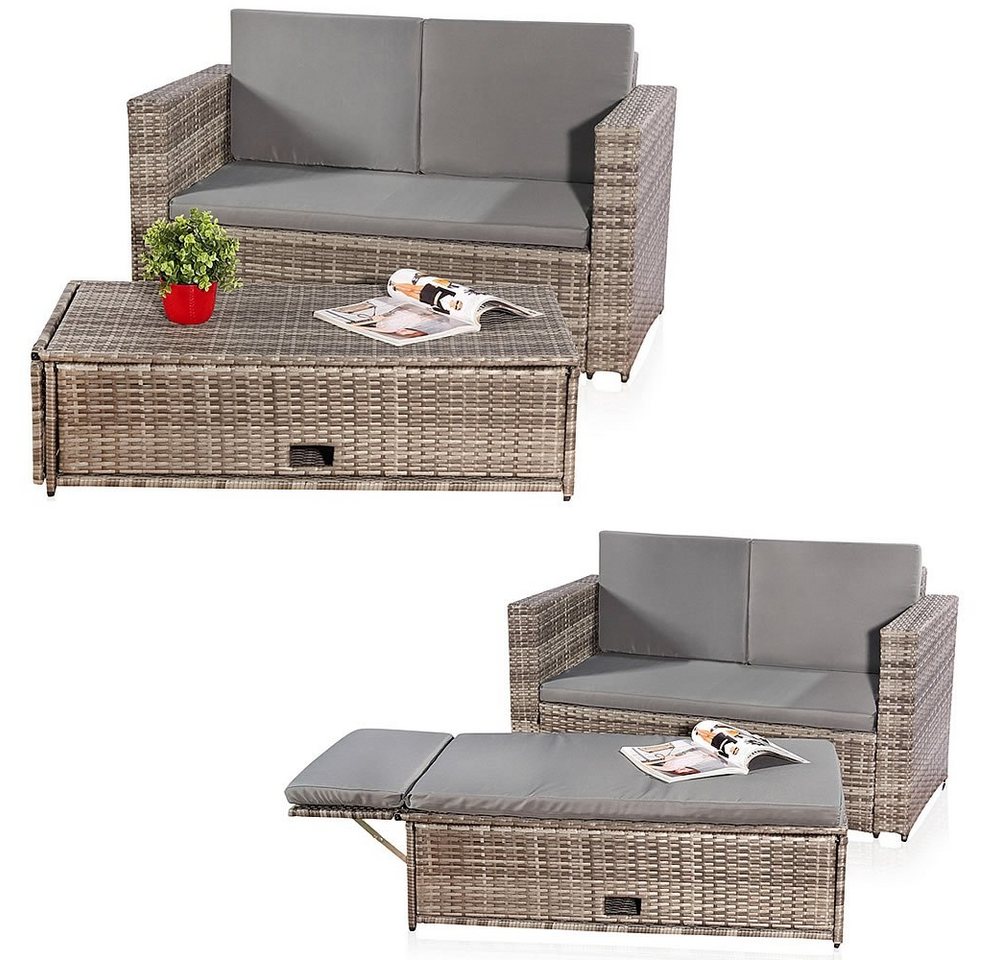 Feel2Home Gartenlounge-Set Gartensofa Fußbank Lounge Polyrattan Outdoor Garnitur versch. Farben, (Set, 2-tlg., Sofa & Ottomane), Kissen inkl. Reißverschluss daher abnehm- und waschbar