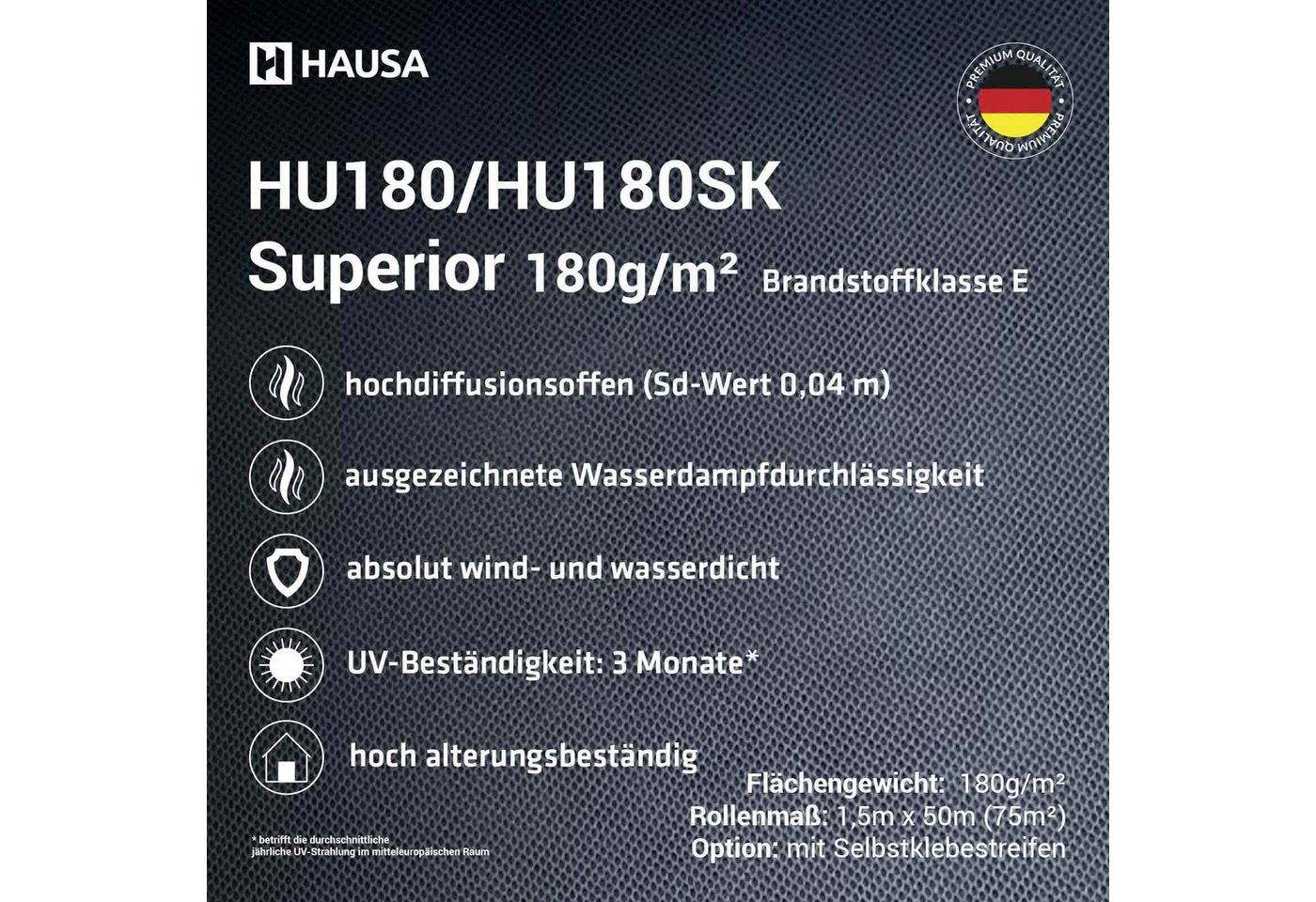 Hausa Dachbahn Unterspannbahn Dach Superior HU180, Ohne Selbstklebestreifen, 150 m² pro Paket, (180g/m², 2-St., 2 x 1,5m x 50m), flexible dreilagige hochdiffusionsoffene Unterdeckbahn