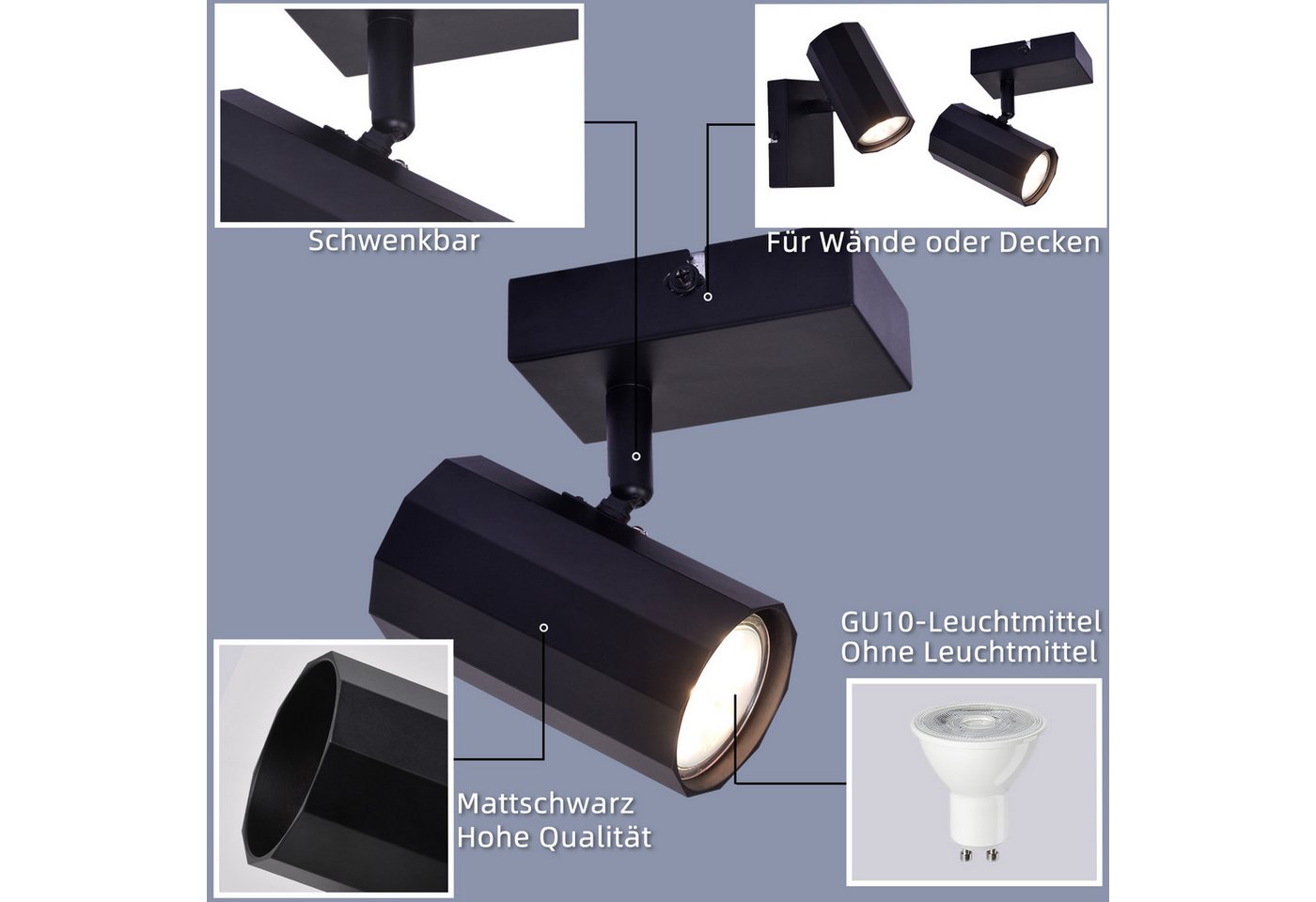 Nettlife Deckenstrahler 1 Flammig Schwarz Deckenstrahler Vintage Metall GU10 Schwenkbar 350°, Schwenkbar 350°, ohne Leuchtmittel, Schwenkbar 350° für Flur Küche Schlafzimmer Arbeitszimmer Bild 2