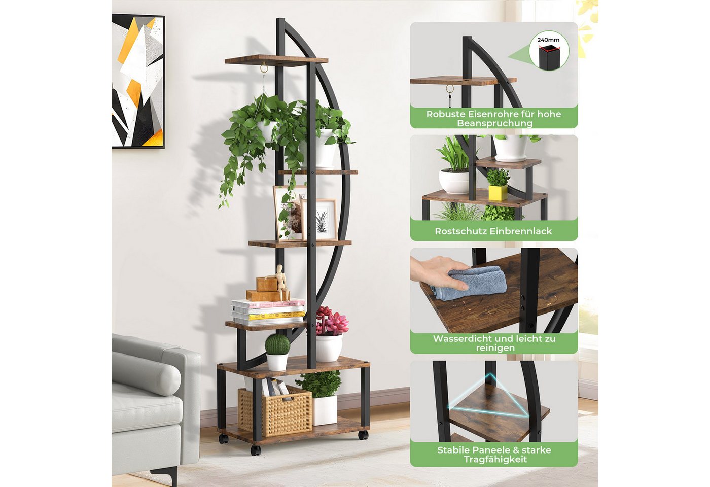 SERBASIC Pflanzentreppe Pflanzenständer mit Wachstumslicht, 6 Ebenen Metall-Holz, Blumenständer mit Rädern für Innen/Außen, Balkon & Garten, 165 cm hoch