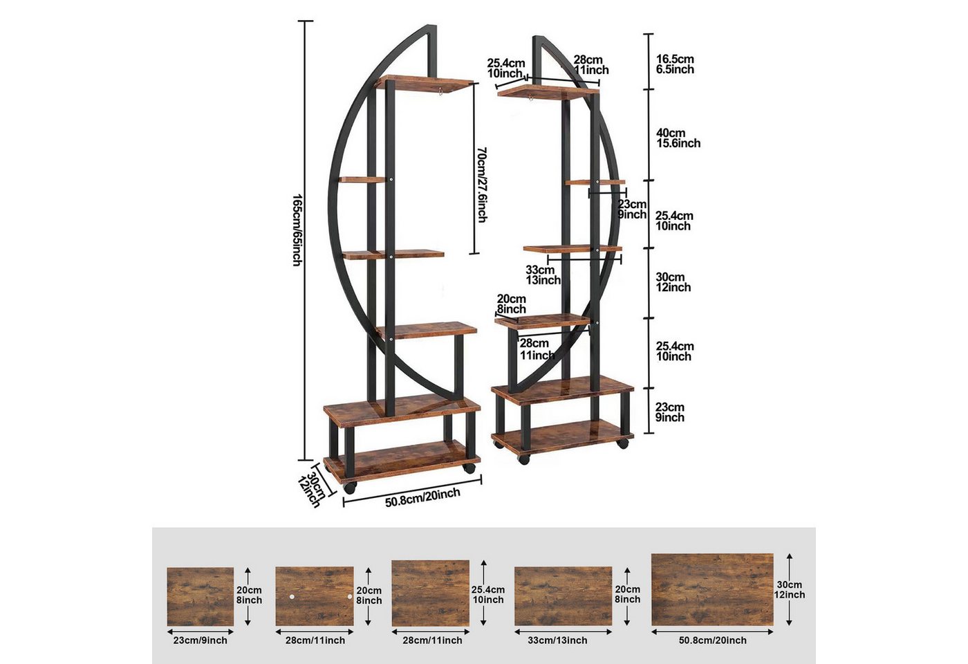 SERBASIC Pflanzentreppe Pflanzenständer mit Wachstumslicht, 6 Ebenen Metall-Holz, Blumenständer mit Rädern für Innen/Außen, Balkon & Garten, 165 cm hoch Bild 2