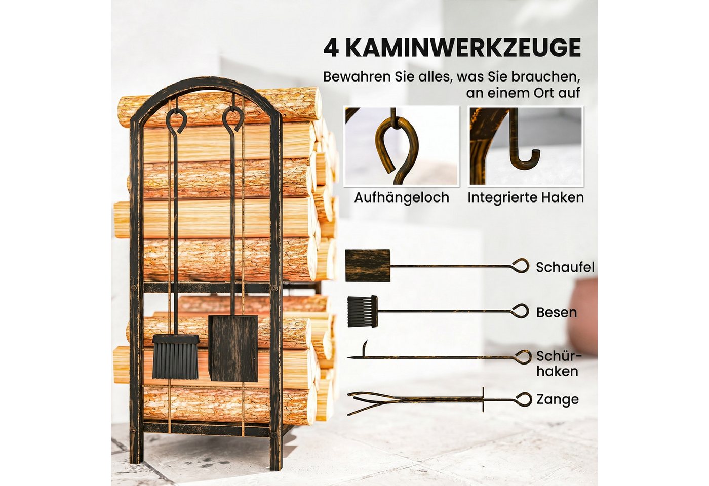 Outsunny Kaminholzregal Brennholzregal mit Haken, Kaminholzständer Schwarz, BxTxH:43x30x74 cm, (2 Regale, 1-St., 4 Kaminwerkzeuge), Metallrahmen, Kaffee-Braun