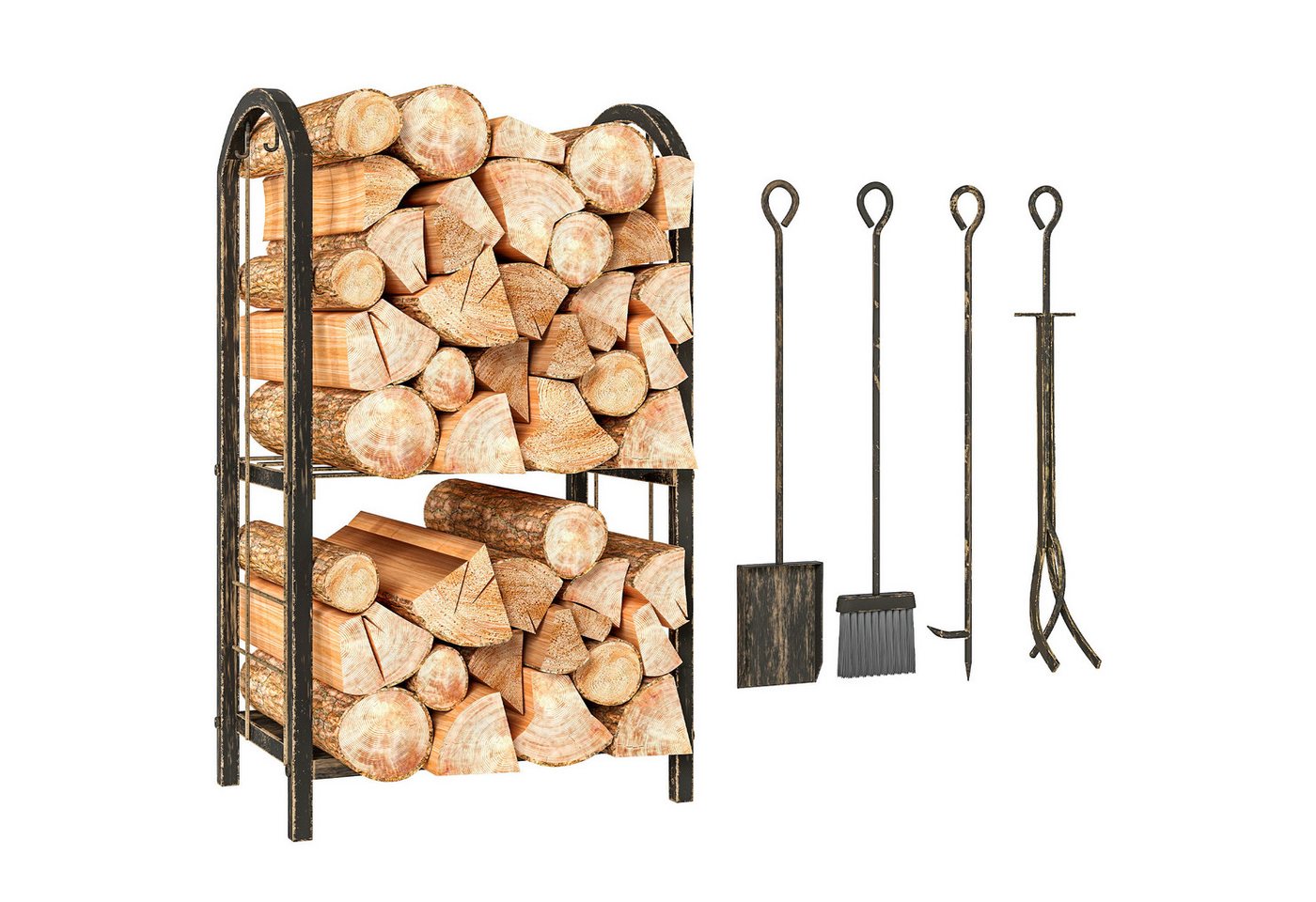 Outsunny Kaminholzregal Brennholzregal mit Haken, Kaminholzständer Schwarz, BxTxH:43x30x74 cm, (2 Regale, 1-St., 4 Kaminwerkzeuge), Metallrahmen, Kaffee-Braun Bild 2
