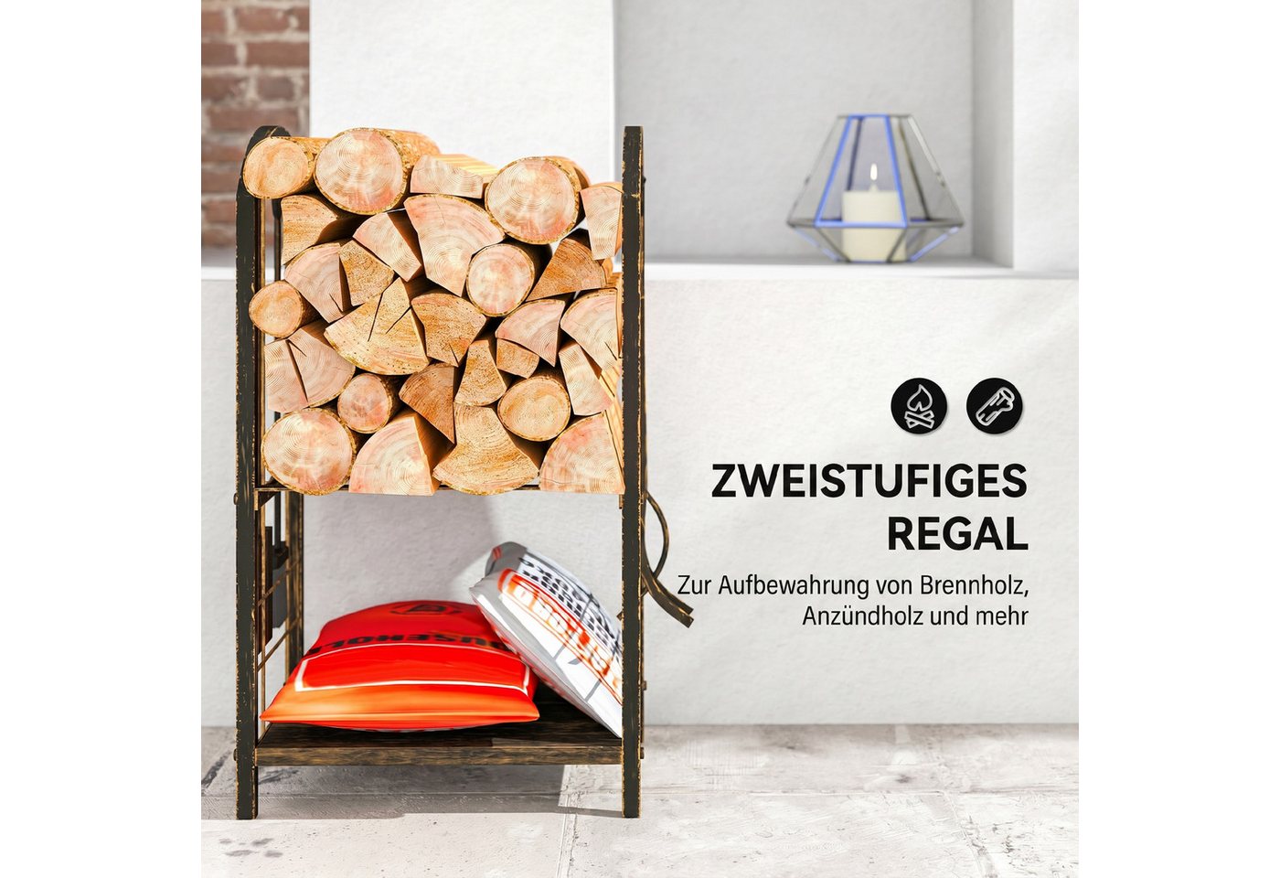 Outsunny Kaminholzregal Brennholzregal mit Haken, Kaminholzständer Schwarz, BxTxH:43x30x74 cm, (2 Regale, 1-St., 4 Kaminwerkzeuge), Metallrahmen, Kaffee-Braun Bild 3