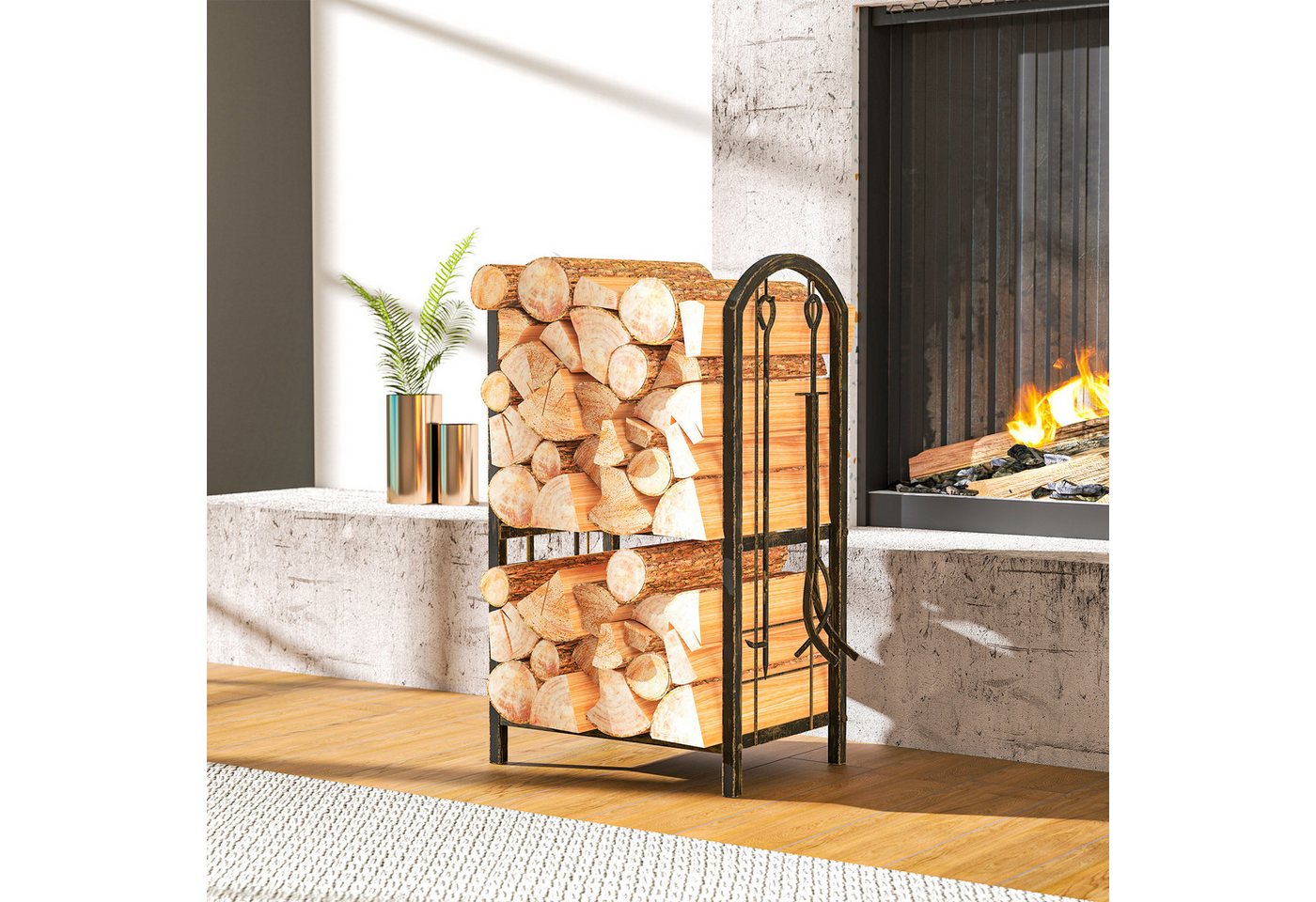 Outsunny Kaminholzregal Brennholzregal mit Haken, Kaminholzständer Schwarz, BxTxH:43x30x74 cm, (2 Regale, 1-St., 4 Kaminwerkzeuge), Metallrahmen, Kaffee-Braun Bild 4