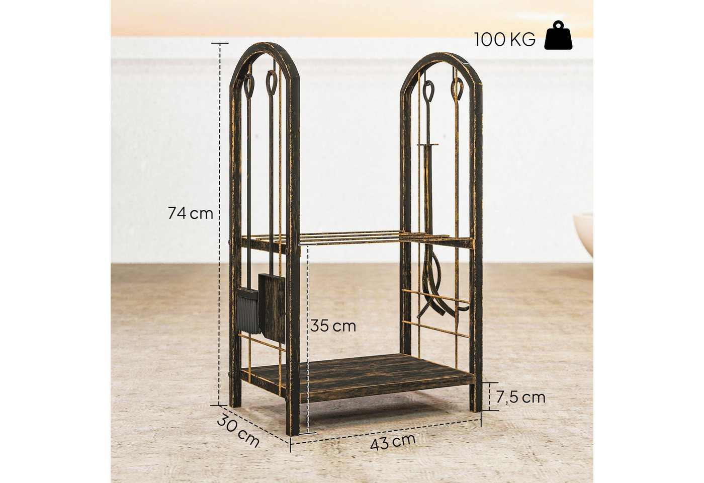 Outsunny Kaminholzregal Brennholzregal mit Haken, Kaminholzständer Schwarz, BxTxH:43x30x74 cm, (2 Regale, 1-St., 4 Kaminwerkzeuge), Metallrahmen, Kaffee-Braun Bild 5