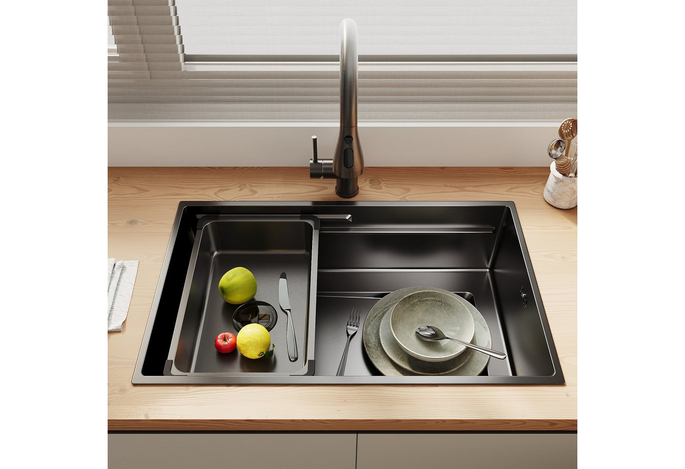 SONNI Küchenspüle Spülbecken 304 Edelstahl 70x45cm Küchenspüle, Einbauspüle mit Armatur, Schmaler Rand, 70/22.4 cm, mit ausziehbarem Wasserhahn,Nano-Beschichtung, geräuscharm Bild 4