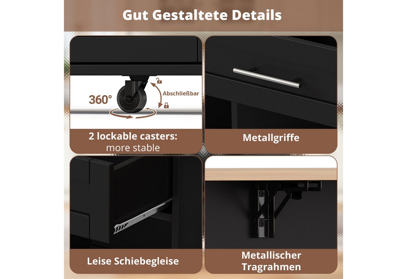 i@home Kücheninsel Küchenwagen auf Rollen mit klappbarer Arbeitsplatte, (mit Glashalter, Gewürzregal, Handtuchhalter, 2 Schubladen), Servierwagen Weinregal(9 Flaschen) für Küche, Esszimmer & Bar Bild 3