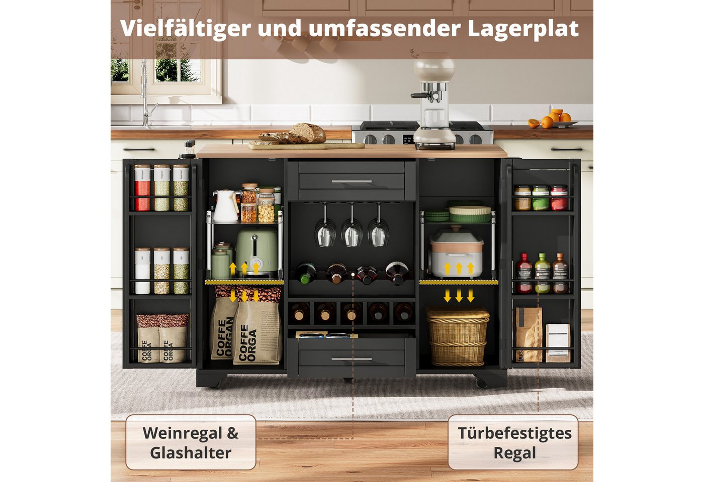 i@home Kücheninsel Küchenwagen auf Rollen mit klappbarer Arbeitsplatte, (mit Glashalter, Gewürzregal, Handtuchhalter, 2 Schubladen), Servierwagen Weinregal(9 Flaschen) für Küche, Esszimmer & Bar Bild 4