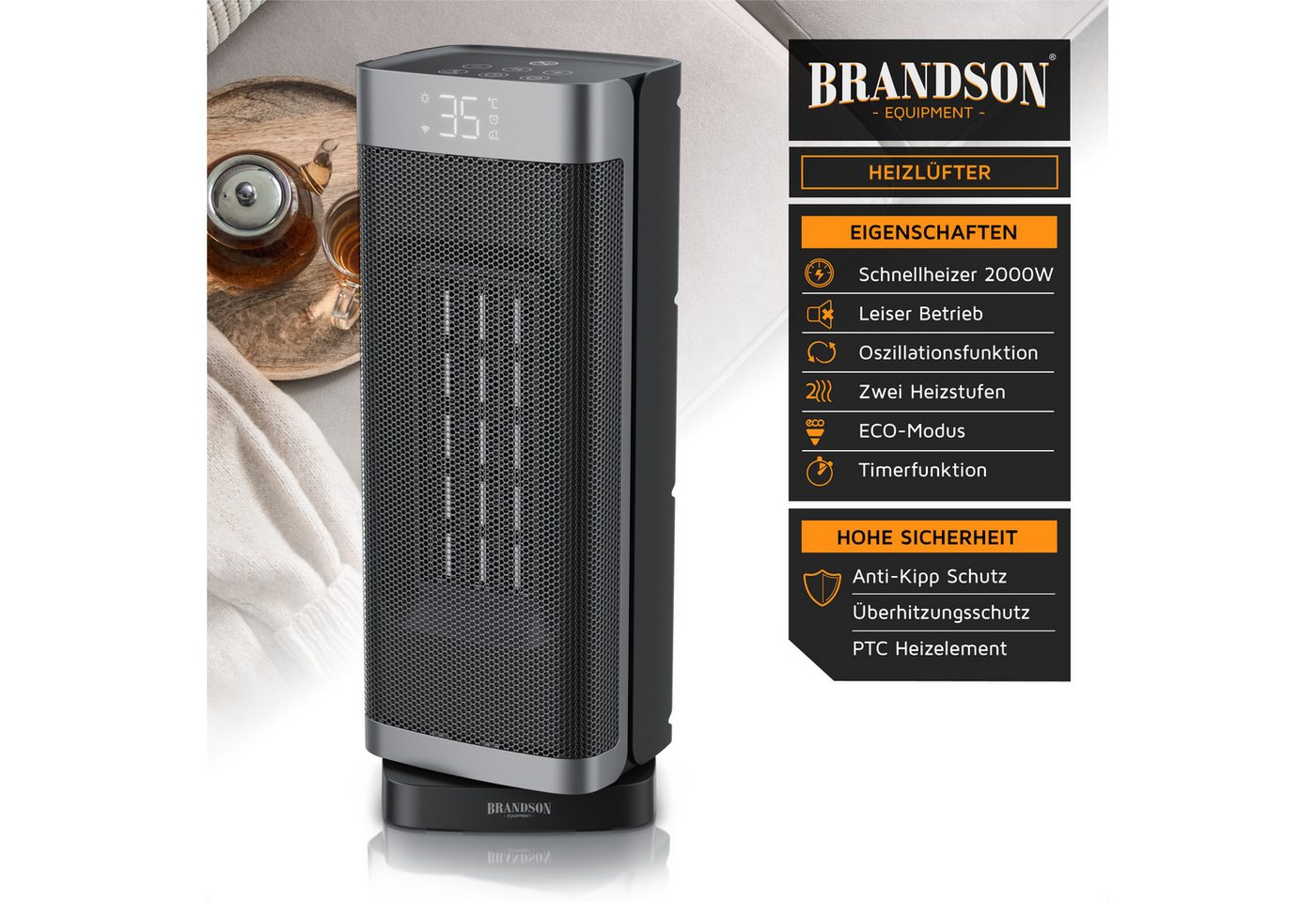 Brandson Heizlüfter Keramikheizlüfter 2000 W, Fernbedienung, Timer, 70° Oszillation, Turm, 2000 W, energiesparend, ECO-Modus, Lüftermodus, 10-35°C, Preisträger 2025 Bild 3
