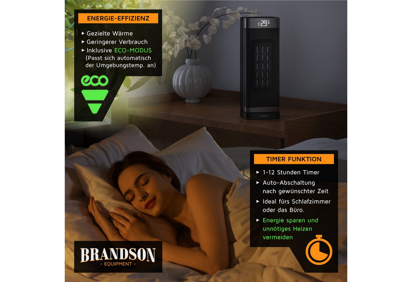 Brandson Heizlüfter Keramikheizlüfter 2000 W, Fernbedienung, Timer, 70° Oszillation, Turm, 2000 W, energiesparend, ECO-Modus, Lüftermodus, 10-35°C, Preisträger 2025 Bild 4