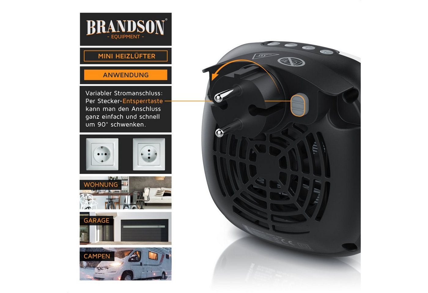 Brandson Keramikheizlüfter Steckdosen-Heizlüfter 700 W Keramik, Fernbedienung, Timer, Thermostat, 700 W, Mit Fernbedienung, Ventilatorfunktion, Timer und Sicherheitsschalter