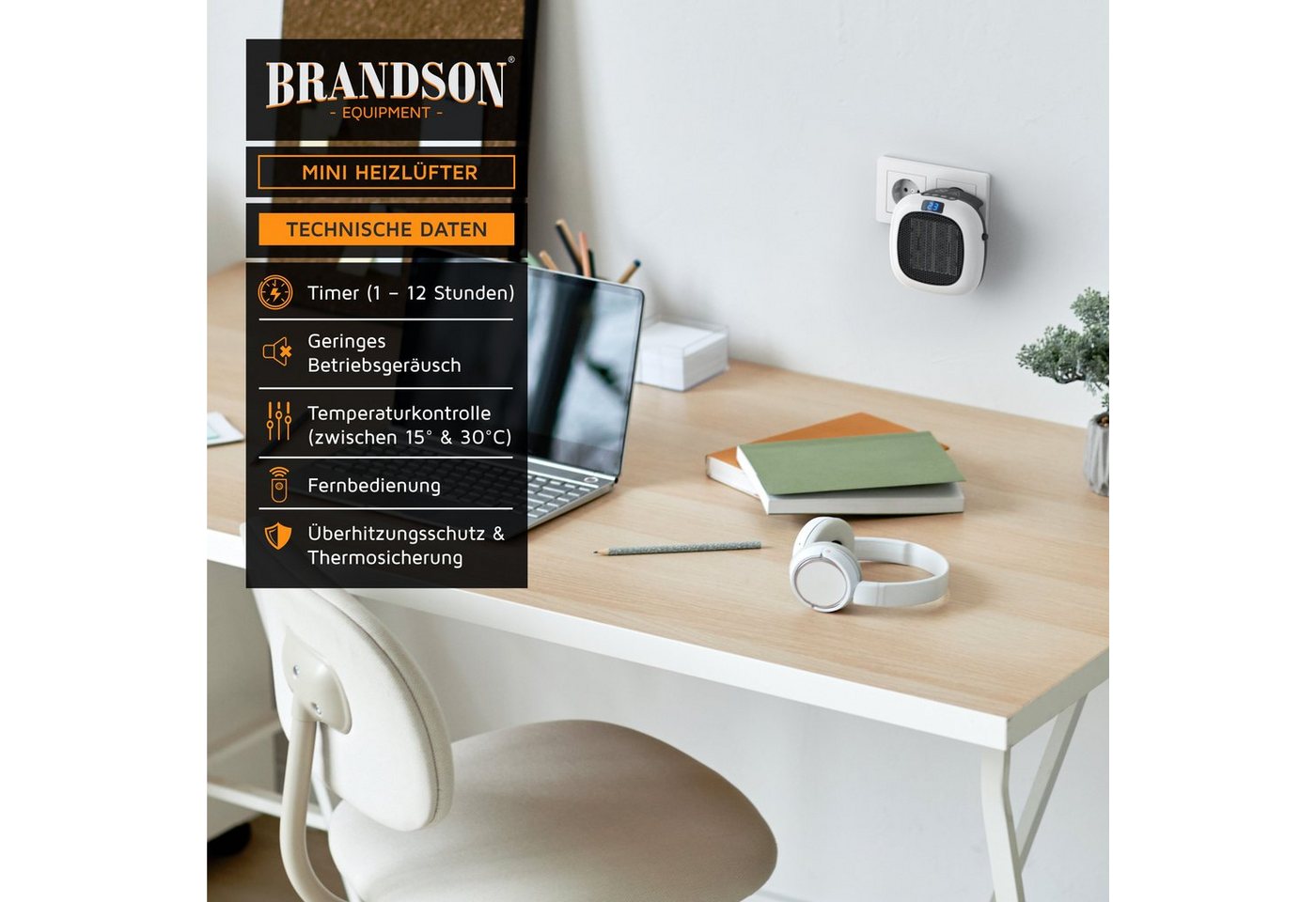 Brandson Keramikheizlüfter Steckdosen-Heizlüfter 700 W Keramik, Fernbedienung, Timer, Thermostat, 700 W, Mit Fernbedienung, Ventilatorfunktion, Timer und Sicherheitsschalter Bild 4