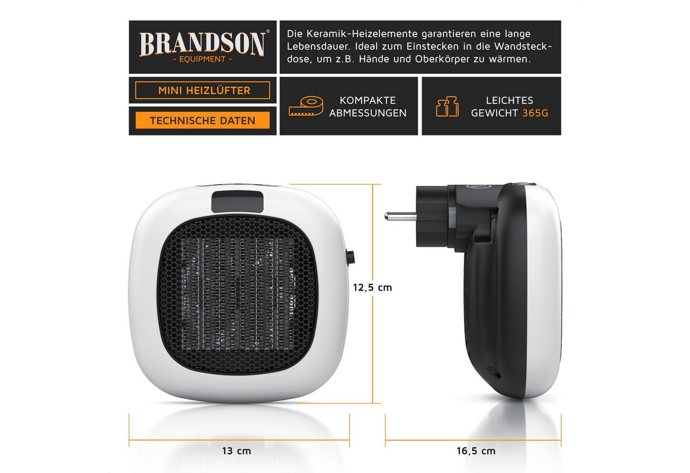 Brandson Keramikheizlüfter Steckdosen-Heizlüfter 700 W Keramik, Fernbedienung, Timer, Thermostat, 700 W, Mit Fernbedienung, Ventilatorfunktion, Timer und Sicherheitsschalter Bild 5
