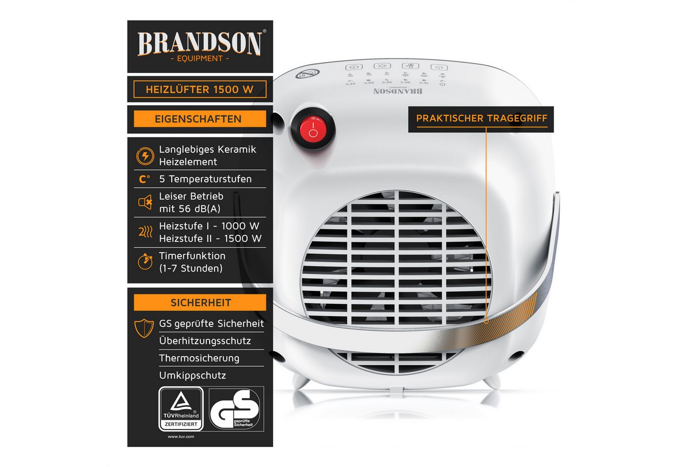 Brandson Keramikheizlüfter Keramik-Schnellheizer 1500 W mit Tragegriff, Thermostat, leise, Bad, 1500 W, kompakt, Heizstrahler, Elektroheizung, Überhitzungsschutz