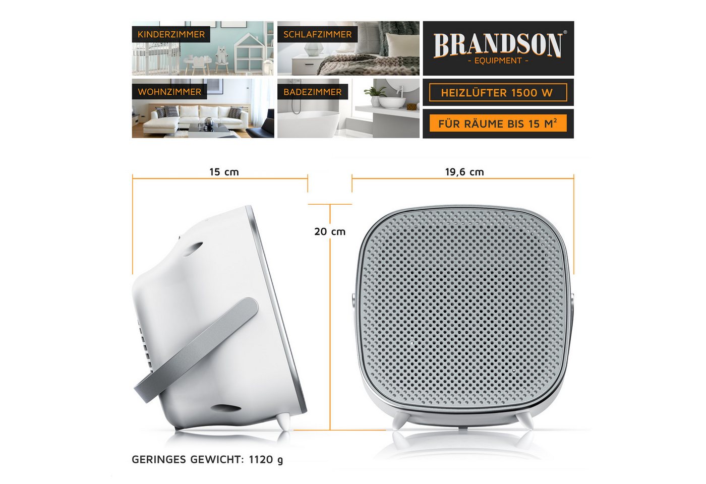 Brandson Keramikheizlüfter Keramik-Schnellheizer 1500 W mit Tragegriff, Thermostat, leise, Bad, 1500 W, kompakt, Heizstrahler, Elektroheizung, Überhitzungsschutz Bild 2