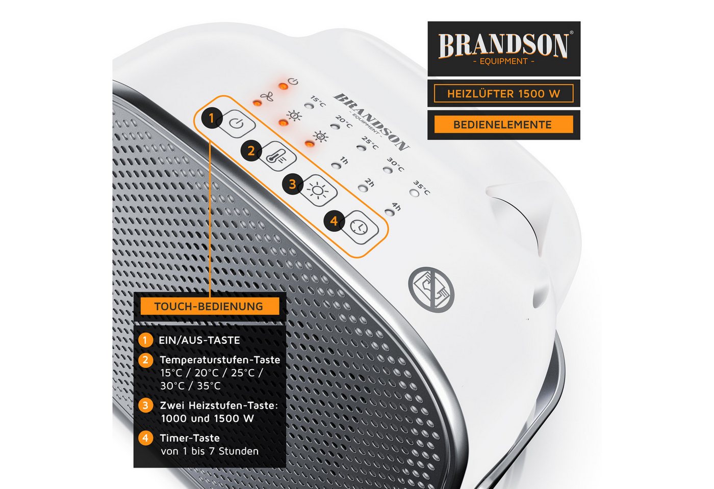 Brandson Keramikheizlüfter Keramik-Schnellheizer 1500 W mit Tragegriff, Thermostat, leise, Bad, 1500 W, kompakt, Heizstrahler, Elektroheizung, Überhitzungsschutz Bild 3