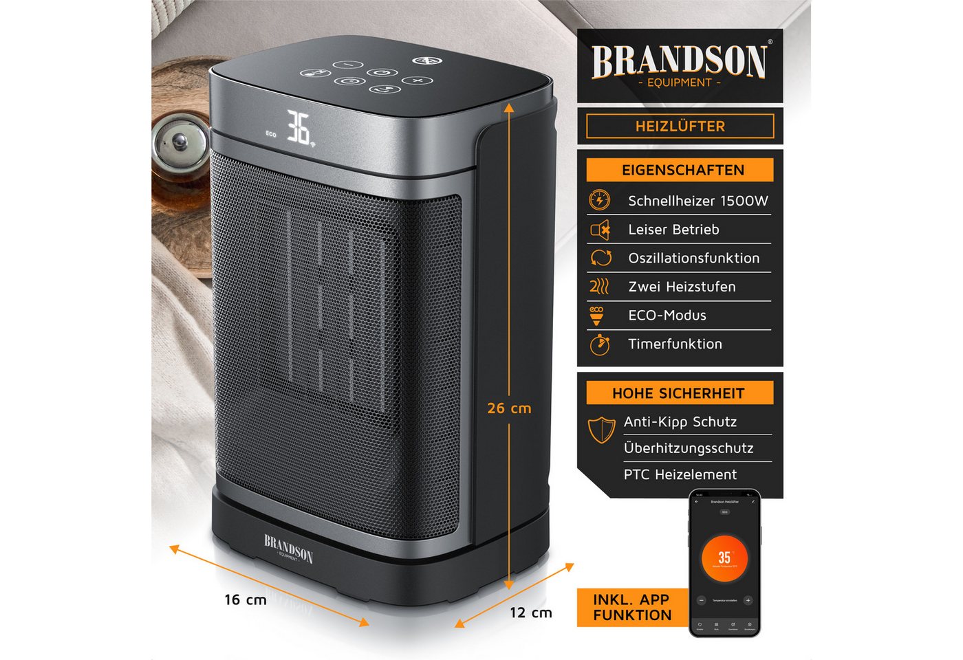 Brandson Heizlüfter WLAN-Heizlüfter 1500 W Keramik mit App-Steuerung, Timer, Oszillation, 1500 W, energiesparend, ECO-Modus, Thermostat, 10-35°C, LED-Display Bild 2