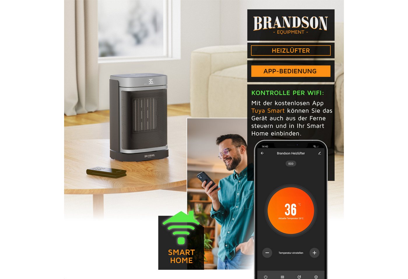 Brandson Heizlüfter WLAN-Heizlüfter 1500 W Keramik mit App-Steuerung, Timer, Oszillation, 1500 W, energiesparend, ECO-Modus, Thermostat, 10-35°C, LED-Display Bild 5